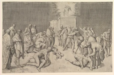 Los filisteos colocan el Arca de la Alianza en el Templo de Dagón, ca. 1540