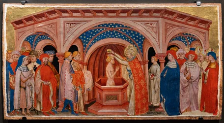 El Papa San Silvestre bautizando a Costantino en Laterano (temple sobre tabla)