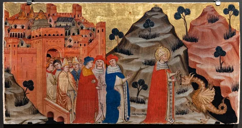 El Papa San Silvestre vence al dragón de la roca tarpeya (temple sobre tabla)
