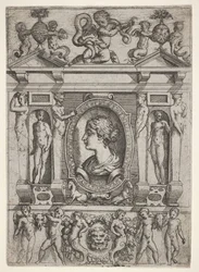 Busto de una mujer de perfil mirando a la izquierda, enmarcado en un marco elaborado con figuras, ca. 1540-80