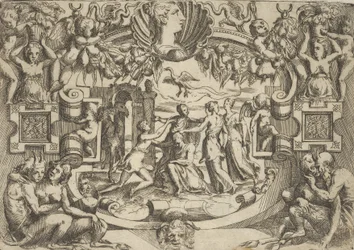 Cuatro mujeres rodeando una figura sentada, un pájaro sobre ellas, dentro de un elaborado..., ca. 1540-80