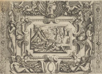 Judith y su sirvienta con la cabeza de Holofernes, enmarcado elaboradamente, ca 1540-80