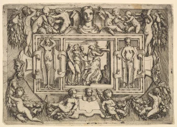 La sibila de Cumas caminando hacia la derecha y llevando una bandeja, seguida por tres mujeres, ca. 1540-80