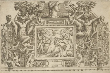 Mujer sentada con los brazos extendidos, personificación de la Fama con trompeta a la derecha, ca. 1540-80