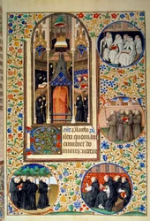 Escena de vida monástica. En los medallones, de arriba a abajo, los Carmelitas, Franciscanos, Dominicos, Agustinos (izquierda). Miniatura tomada del Libro de horas según el uso de París