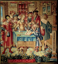 Cortina que ilustra las artes liberales: Aritmética. Tapiz de lana y seda hecho alrededor de 1520 en Tournai. Dimensiones 3,1x2,9 m París, museo nacional de la Edad Media, Termas de Cluny