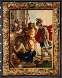 Diogene y Alejandro: encuentro entre el filósofo griego Diogene de Sinope (413-327 a.C.) en su barril y el rey Alejandro Magno (356-323 a.C.) en Corinto. Cuando el conquistador le preguntó qué quería, Diogene respondió: "Quitarme un poco el sol". Toque