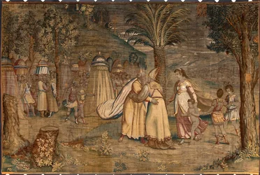 Jetro acompañó a su hija Séfora y sus hijos conocieron Moise Tapiz de Dionys Martensz según el cartón de Luca Cambiaso (1527-1584) producido por las manufacturas de Bruselas