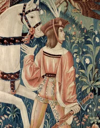 Edad Media: la partida a caballo para la caza con halcón. Detalle de un tapiz de seda y lana de principios del siglo XVI. Procedente de Henao. París, Museo Nacional de la Edad Media, Termas de Cluny