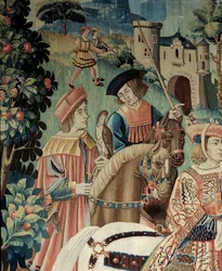 Edad Media: partida a caballo para la caza con halcón. Detalle de un tapiz de seda y lana de principios del siglo XVI. Procedente de Henao. París, Museo Nacional de la Edad Media, Termas de Cluny