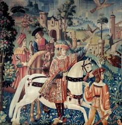 Edad Media: partida para la caza con halcón a caballo. Tapiz de seda y lana de principios del siglo XVI. De Henao. París, Museo Nacional de la Edad Media, termas de Cluny