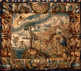 Mes de agosto: "La Cosecha" Tapiz de Jan Raes (activo hacia 1610-1631) realizado por las manufacturas de Bruselas. Siglo XVII Genes, Musei di Strada Nuova
