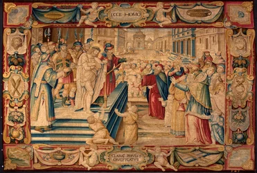 Pasión de Cristo: Jesús se presenta a la multitud. Tapiz realizado en las manufacturas de Bruselas. Siglo XVI Genes, Musei di Strada Nuova