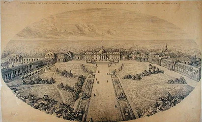 Vista en perspectiva del Palacio Real de Laeken y sus ampliaciones por el arquitecto Charles Louis Girault