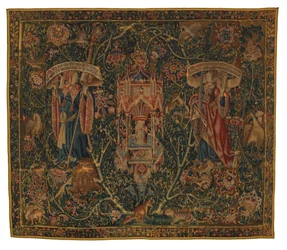 Tapiz, Sibila Libia y Europa (uno del conjunto de seis Sibilas, que comprende 46.134 a 46.139) llamado "Tapices de Rothamsted", hecho en Flandes, Tournai o Bruselas, Bélgica, c.1530 (lana)