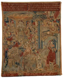 Tapiz, Tres escenas de la guerra de Troya, o Ulises y Diomedes como embajadores en la corte del rey Príamo, reclamando el regreso de Helena, realizado en Tournai.