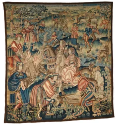 Tapiz con escenas de caza de jabalíes, pesca, etc. o "Apres la Chasse", posiblemente de Tournai.