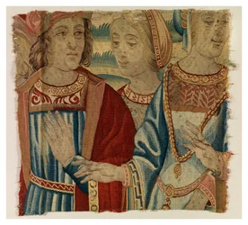 Fragmento de tapiz que representa a un hombre y dos mujeres, realizado posiblemente en Bruselas, Bélgica, a principios del siglo XVI (lana y seda)