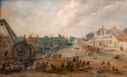 Vista de Gante Lievekaai y Augustijnenkaai con una grúa de madera, copia de un cuadro del siglo XVIII de Engelbert van Siclers