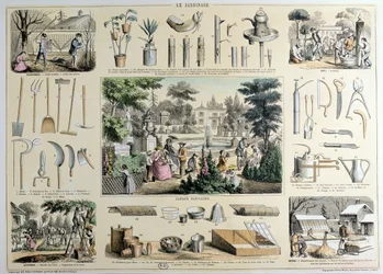 Representación educativa de jardinería, con ilustraciones de herramientas de jardín y escenas que muestran las actividades apropiadas para cada estación (grabado en color)