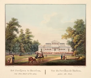 Het Paviljoen te Jaarlem, van den Hout af te zien. Vue du Pavillon de Harlem, prise du Bois, 1825 (grabado coloreado a mano)