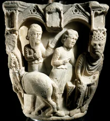 Salomón y la Reina de Saba, por Benedict Antelami (siglos XII-XIII), relieve capital, Catedral de Parma, Italia