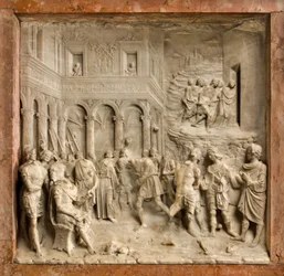 Cripta, Arca de los Santos Marcelino y Pedro Exorcista, Benedetto Briosco 1506-08, Santos Mercellino y Pedro ante el juez
