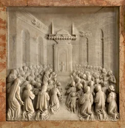 Cripta, Arca de los Santos Marcelino y Pedro Exorcista, Benedict Briosco 1506-08, Milagro de las palomas