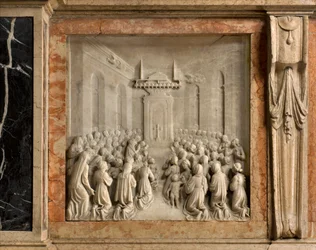 Cripta, Arca de los Santos Marcelino y Pedro Exorcista, Benedict Briosco 1506-08, Milagro de las Palomas