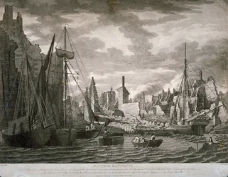 Vista del área de Ratcliffe, Londres, mostrando las ruinas después del incendio del 23 de julio, 1794