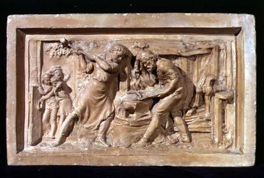 Hombres trabajando en un yunque, placa