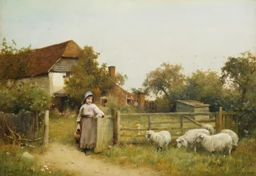 Niña con ovejas, junto a una cabaña