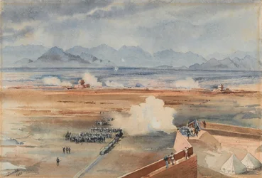 Salida de las tropas sudanesas de la guarnición anglo-egipcia antes de la exitosa acción contra los derviches en Gemazih, Suakin, 20 de diciembre de 1888 (acuarela)
