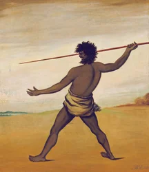 Timmy, un aborigen de Tasmania, lanzando una lanza