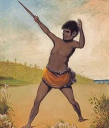 Jack, un aborigen de Tasmania, sosteniendo un garrote