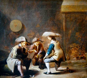 Interior de una sala de guardia con soldados jugando a las cartas