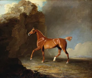 Un caballo de carreras castaño dorado junto a una formación rocosa, 1800
