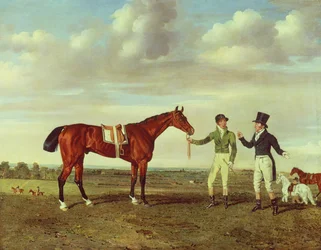 Zinganee sostenido por Sam Chifney Junior con el propietario Sr. William Chifney, en Newmarket, c.1829