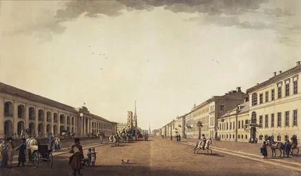 Vista de la Avenida Nevsky cerca del Gostiny Dvor en San Petersburgo, 1799