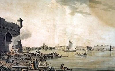 Vista del Palacio de Mármol, tomada desde el lado de la Fortaleza de Pedro y Pablo, San Petersburgo