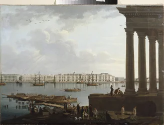 Vista del Palacio de Invierno y la Bolsa de Valores de San Petersburgo. Pintura de Benjamin Paterssen (1748-1815), óleo sobre lienzo