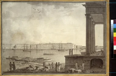 Vista del Palacio de Invierno y la Bolsa de Valores de San Petersburgo. Obra de Benjamin Paterssen (1748-1815), lápiz y tinta sobre papel, hacia 1790. Arte sueco
