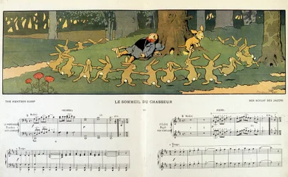 Le sommeil du chasseur (conejos rodeando a un cazador dormido) - en "Les images en musique" de Jane Vieu, ilustrado por Benjamin Rabier (1864-1939)