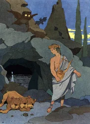 Orfeo y su lira dormidos Cerbère el perro de tres cabezas