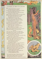 La ardilla, el perro y el zorro, de las "Fábulas" de Jean de La Fontaine (1621-95) (grabado en color)