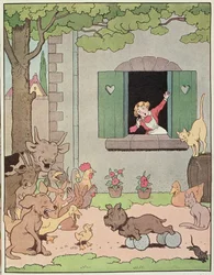 Los animales de la granja se alegran de la derrota de Grognard, ilustración para "Placide et Gedeon" 1926 (litografía en color)