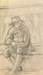 Estudio de la figura de un hombre joven, con sombrero, sentado al aire libre