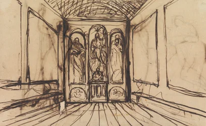 Estudio de una habitación interior con imágenes religiosas en los paneles murales