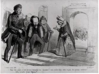Dumas, Hugo y Balzac buscando su admisión en la Academia Francesa, ilustración de 