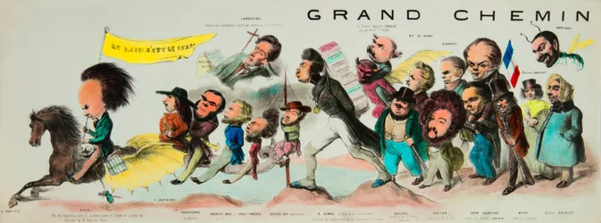 La gran cabalgata de la posteridad. (Montado en el Pegaso romántico, Victor Hugo (1802-1885), rey de los Hugólatras, armado con su buena espada de Toledo y portando la bandera de Notre-Dame de París, llevó a Théophile Gautier (1811-1872), Bernard Adolphe G